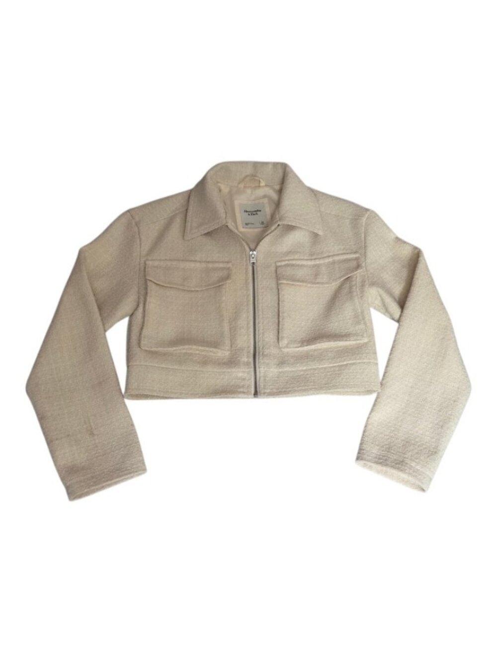 Abercrombie & Fitch Cream Tweed Cropped Utility Jacket Full Zip Pocket Size XS